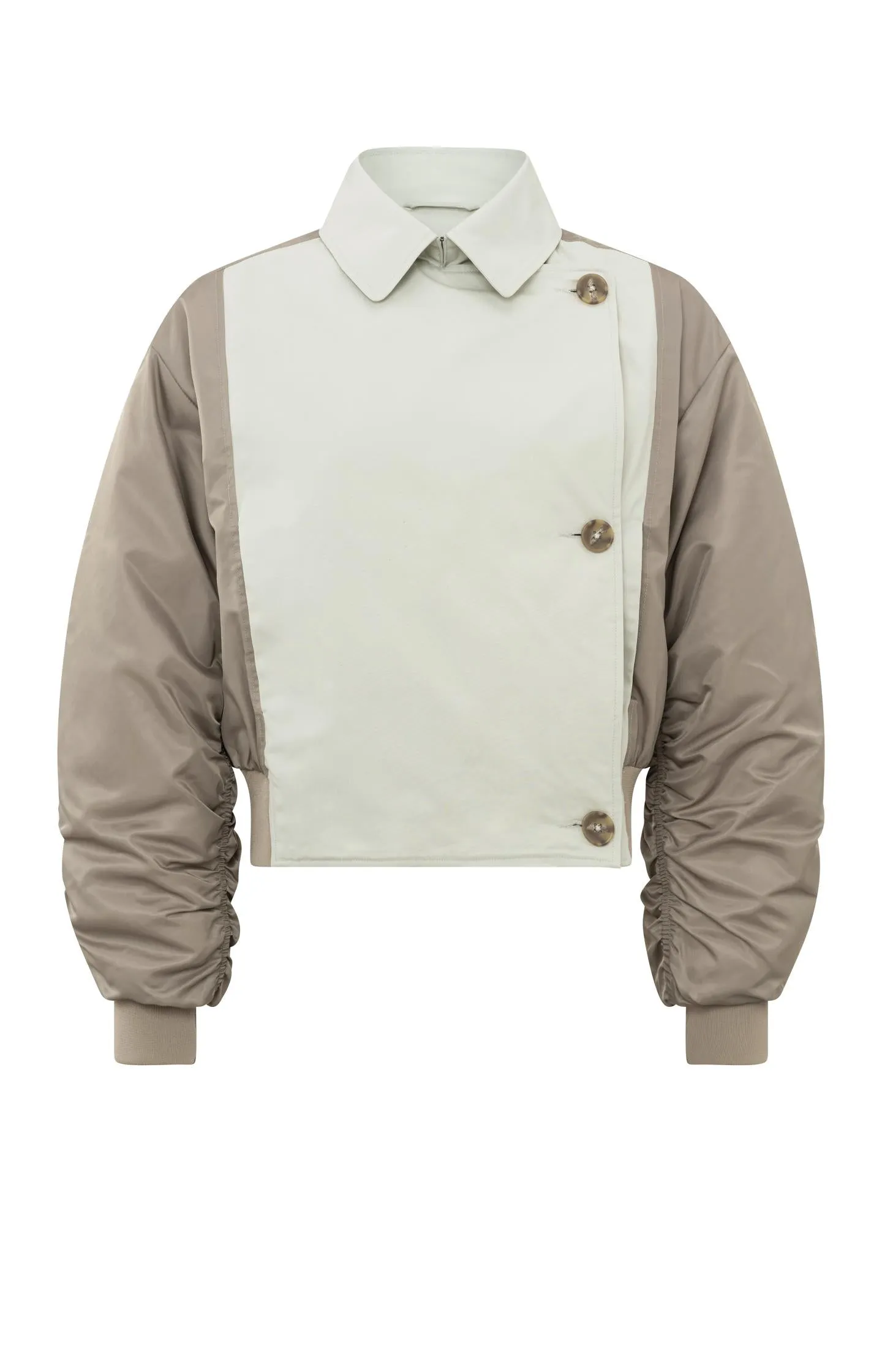 Bomber jacket with trenchcoat details and pleated sleeves