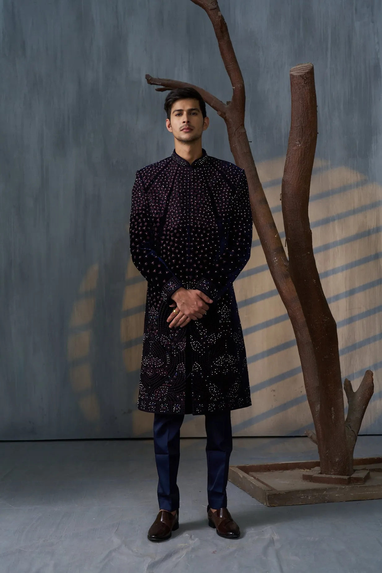 Dark Blue Indowestern Set With Sequin And Bead Work