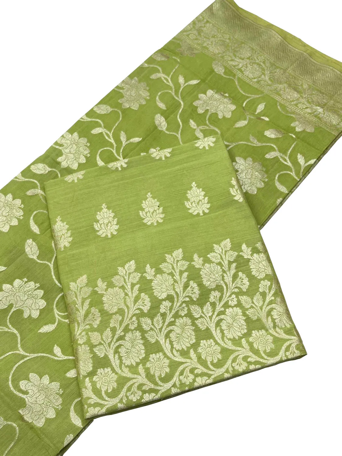 Green Handloom Banarasi Pure Moonga Silk Three Piece Unstiched Suit Set