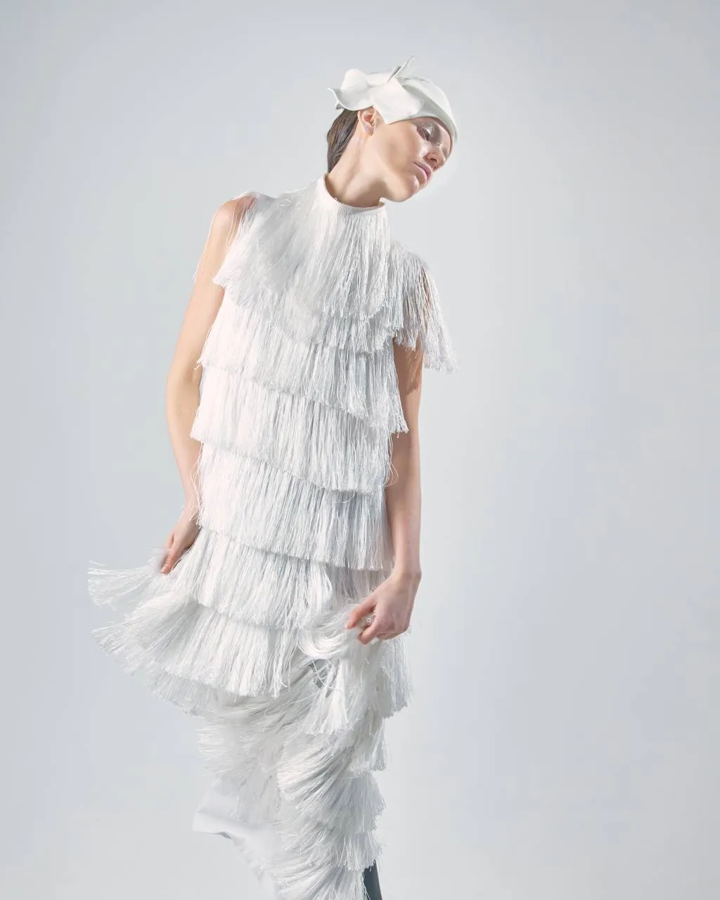 High Neck Fringed Evening Maxi Dress White