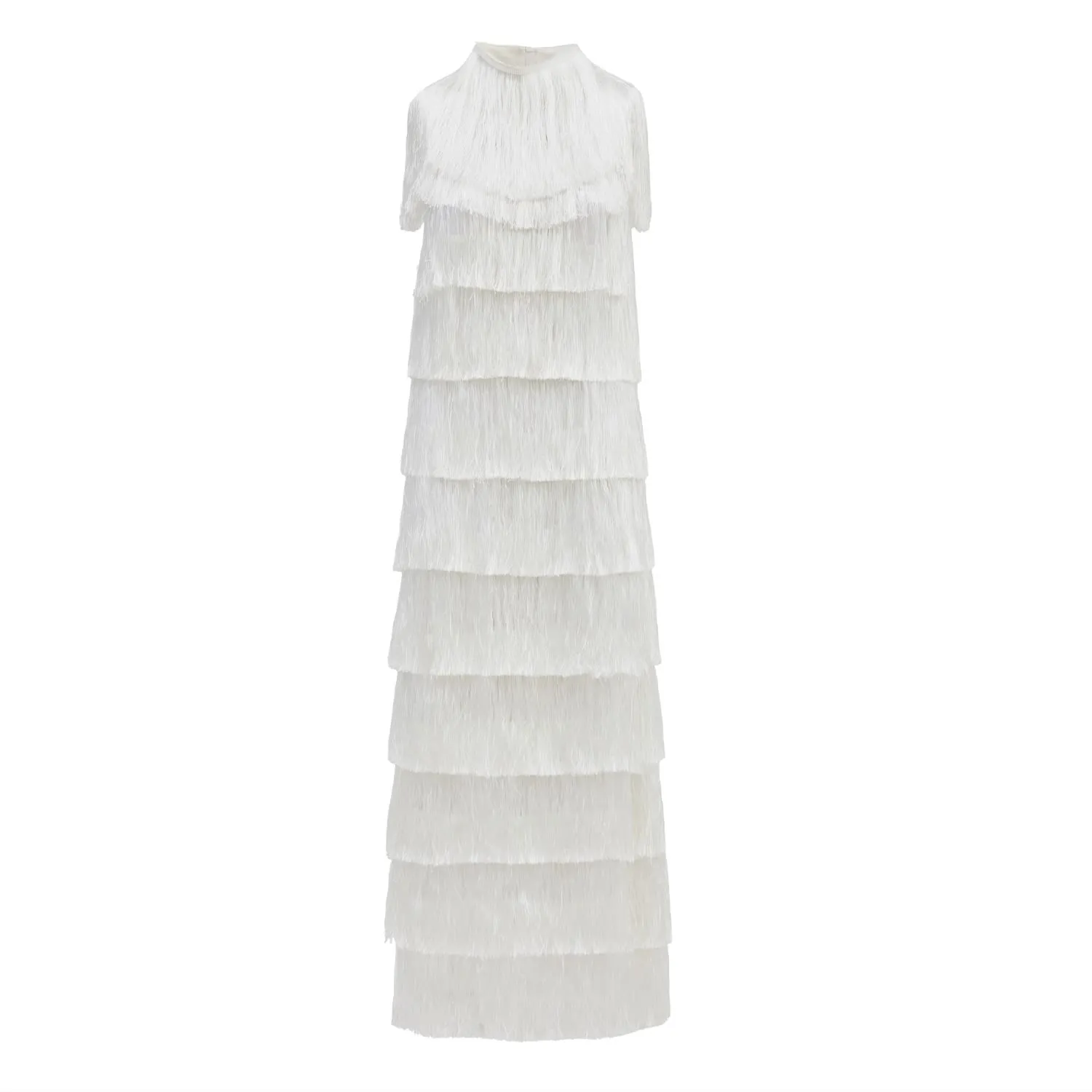 High Neck Fringed Evening Maxi Dress White