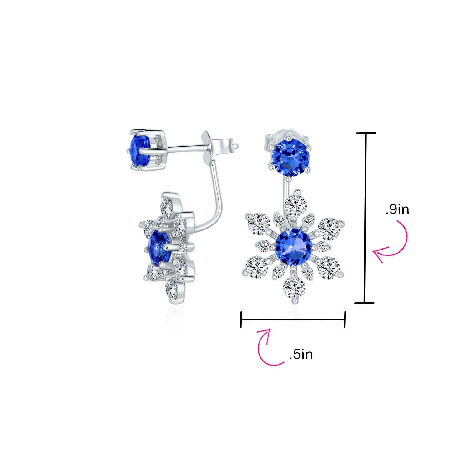 Holiday Party Earring Jacket Blue Sapphire Snowflake Studs in Sterling Silver