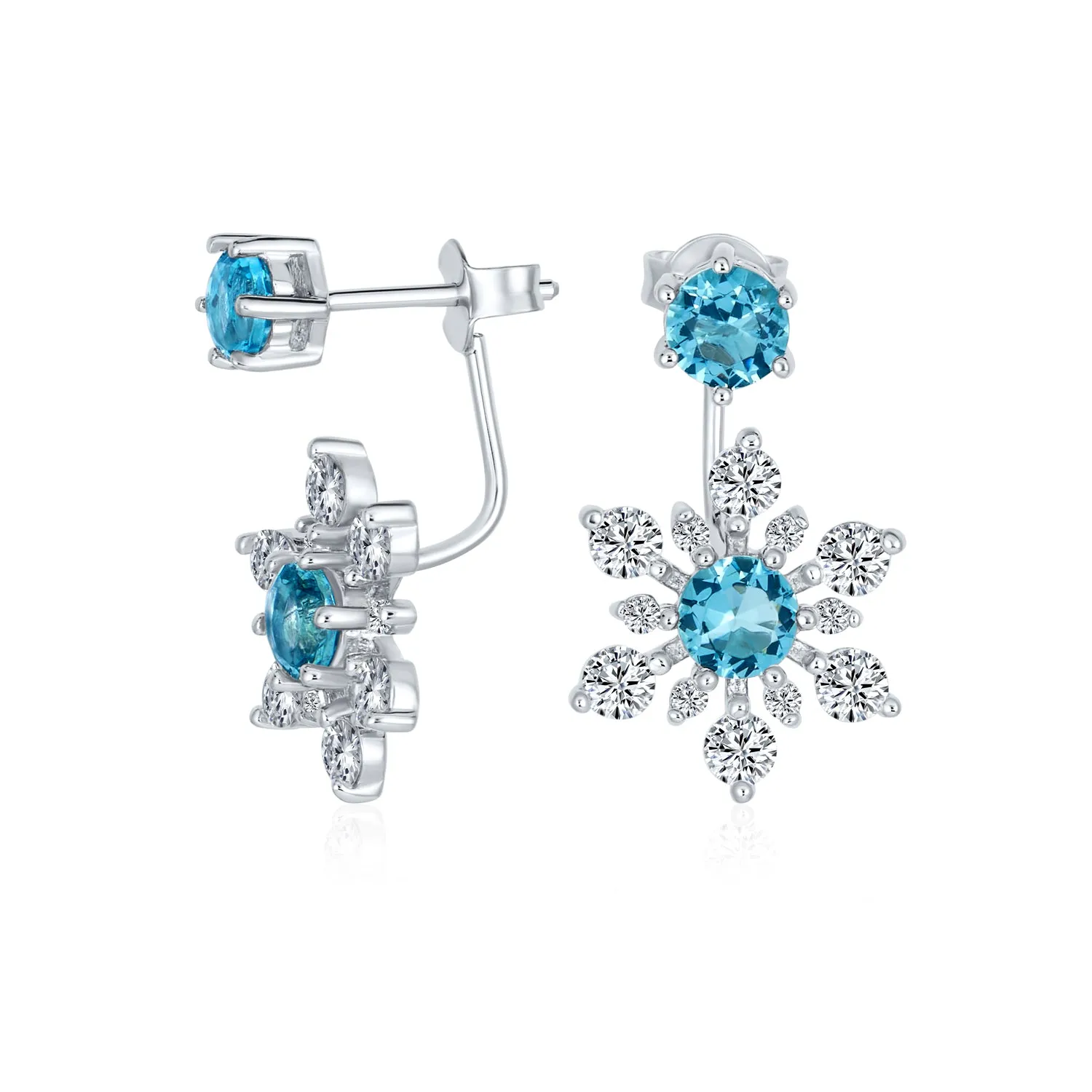 Holiday Party Earring Jacket Blue Sapphire Snowflake Studs in Sterling Silver
