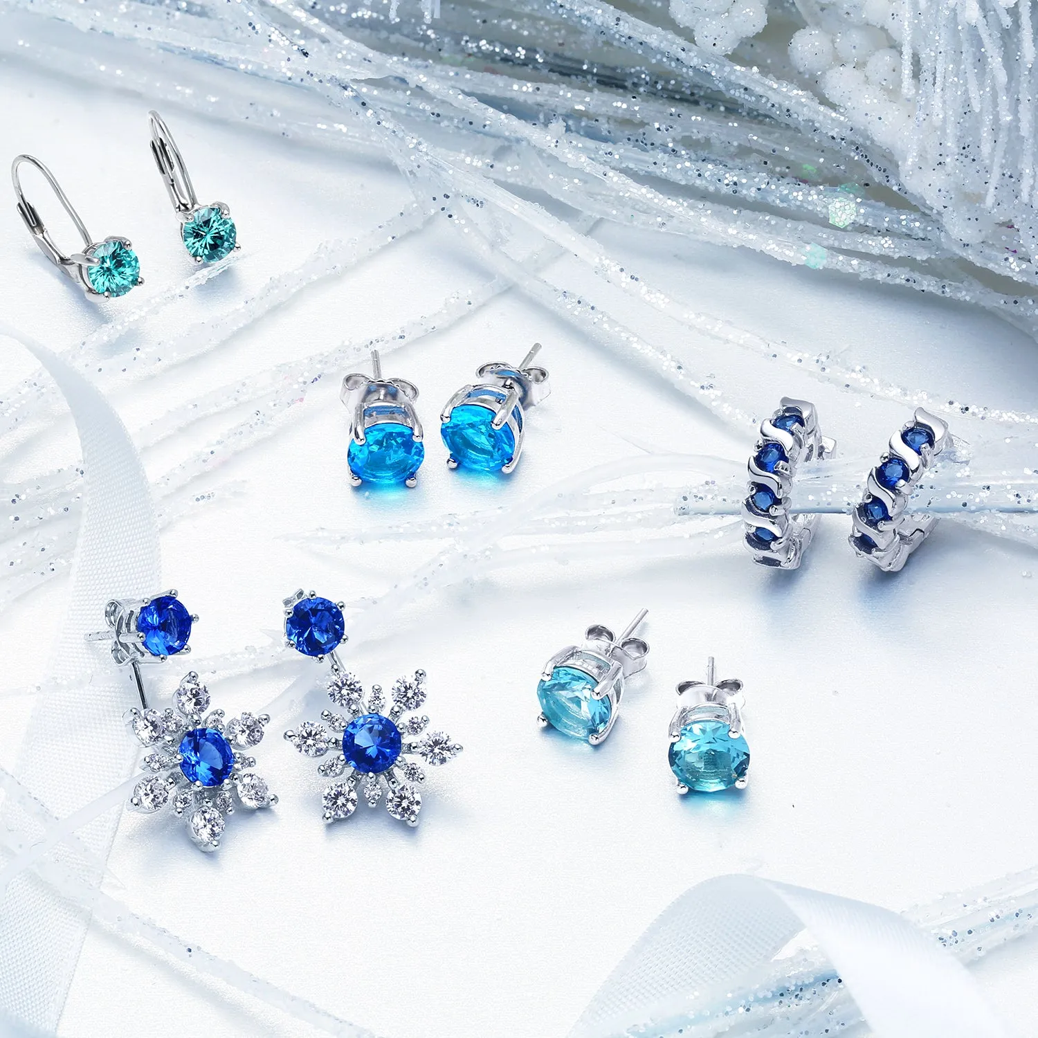 Holiday Party Earring Jacket Blue Sapphire Snowflake Studs in Sterling Silver
