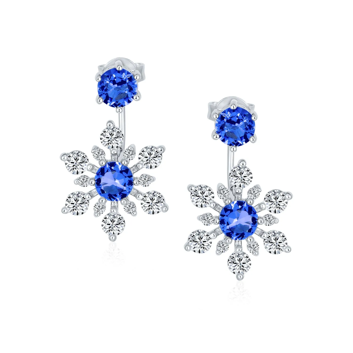 Holiday Party Earring Jacket Blue Sapphire Snowflake Studs in Sterling Silver