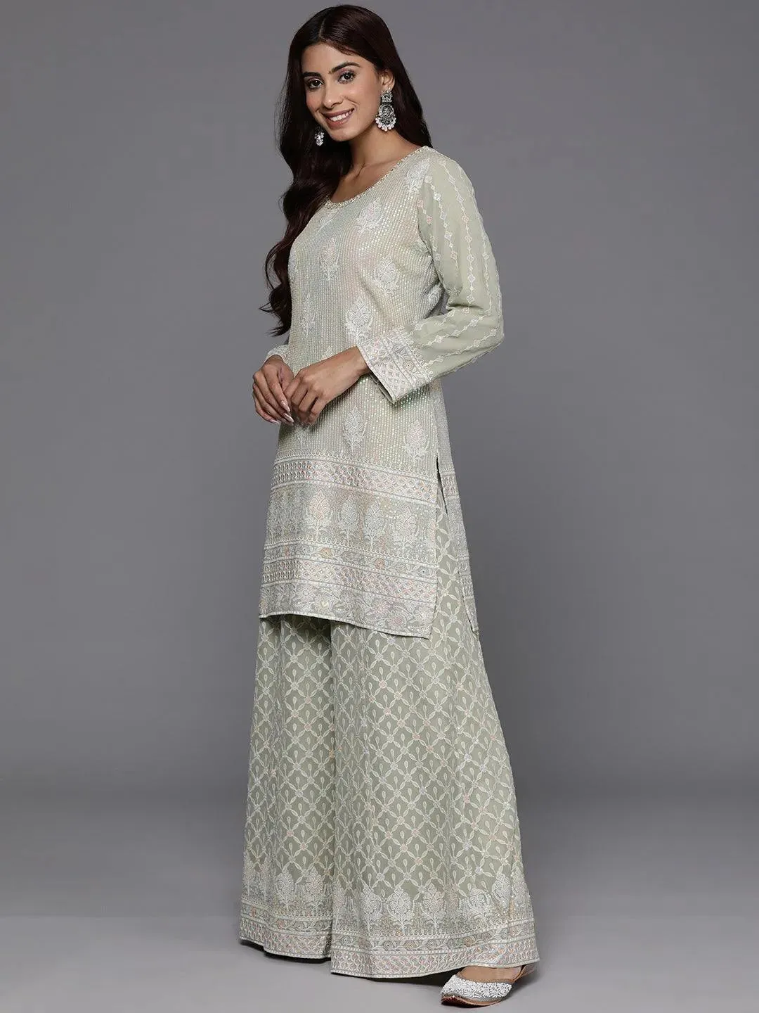 Libas Art Green Self Design Georgette Straight Suit With Dupatta