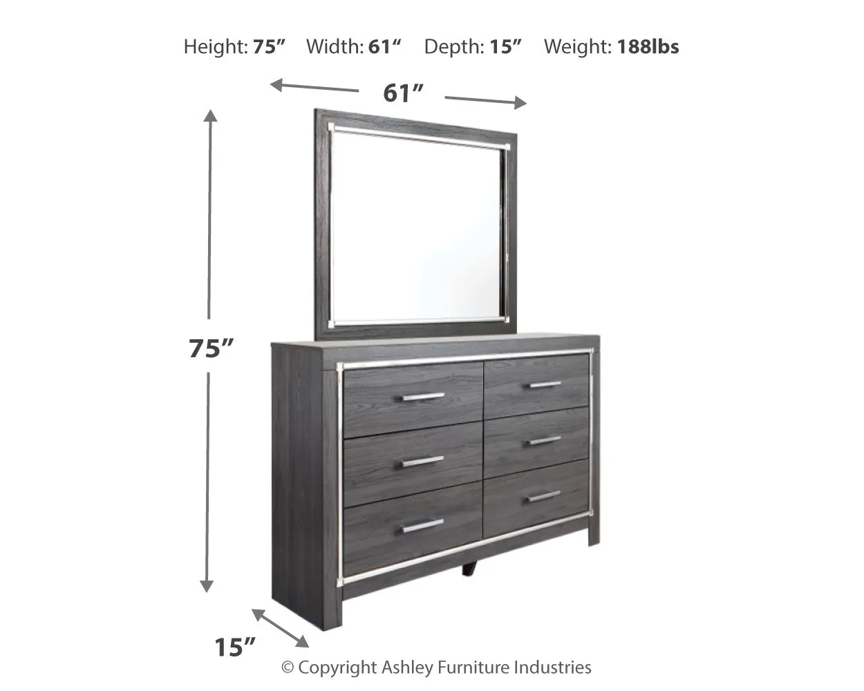 Lodanna King Panel Bed with 2 Storage Drawers with Mirrored Dresser and Nightstand in Gray