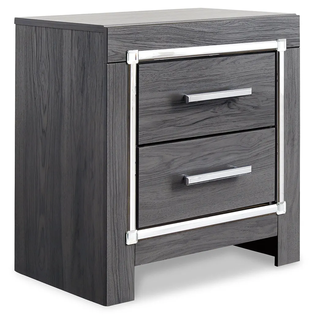 Lodanna King Panel Bed with 2 Storage Drawers with Mirrored Dresser and Nightstand in Gray