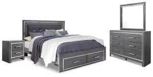 Lodanna King Panel Bed with 2 Storage Drawers with Mirrored Dresser and Nightstand in Gray