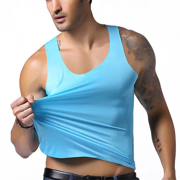 Mens Ice Silk Non-trace Breathable Perspiration Elastic Solid Color Fitness Slim Fit Sport Tank Tops