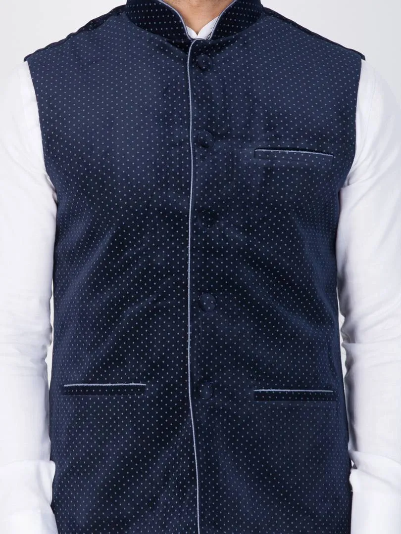 Men's Navy Blue 
Cotton Blend
 Printed Nehru Jackets